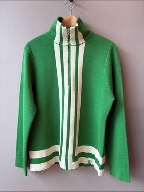 Never by CK Bradley St. Moritz Half Zip Stripe Wool Sweater in Kelly Green
